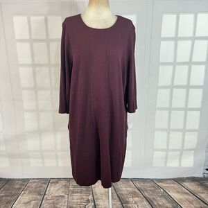 J Jill Women's Ponte Long Sleeve with Pockets Knit Shift Burgundy Dress Size XL